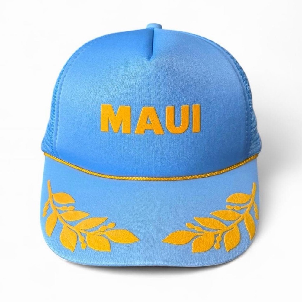 Vintage 90s Gold Leaf Blue Maui Trucker Puff Print Mesh Snapback Hat Cap OSFA